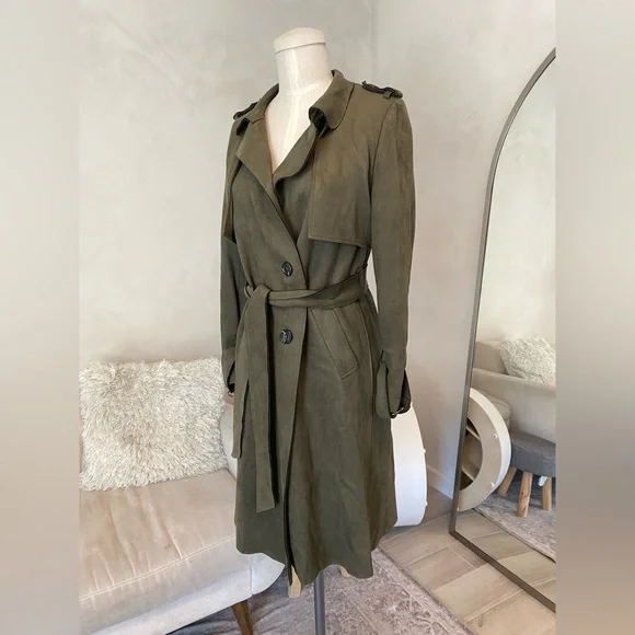 OLIVE GREEN SOFT FAUX SUEDE TRENCH COAT SIZE SMALL - Picture 4 of 13